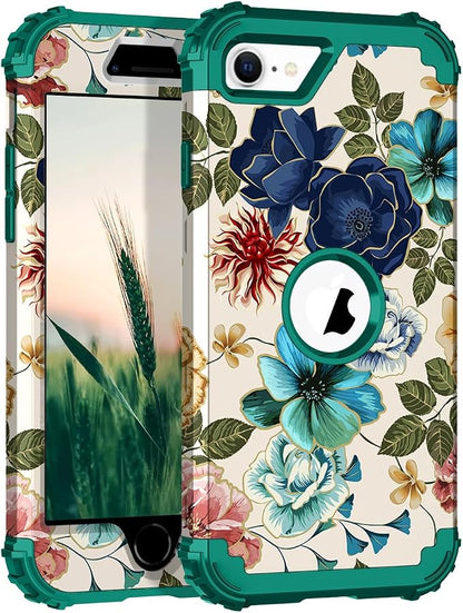 Hocase for iPhone SE 2022/2020 Case, Heavy Duty Shockproof Protection Hard Plastic+Silicone Rubber Hybrid Protective Case for iPhone SE 3rd/2nd Generation (4.7") - Teal Flowers