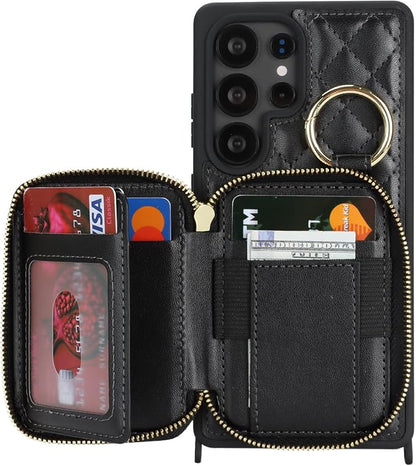 Crossbody Wallet Case for Galaxy S25 Ultra, PU Leather Zipper Handbag Purse Flip Cover, Kickstand Folio Case with Card Slots Holder Wrist Strap Lanyard -Black