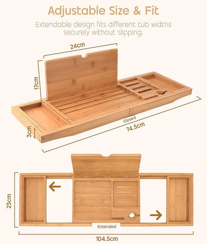 ADOV Bathtub Tray, Foldable Bamboo Bathtub Caddy, Adjustable Bath Tray for Tub with Book Rest, Phone, Tablet, Candle, Towel, Glass Holder, Extendable Wooden Bath-Shelf Fits Most Bathtubs Sizes
