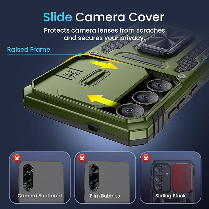 Caka for Samsung Galaxy S25 FE Case [HD Screen Protector] [Full Camera Lens Cover] [360°Rotated Kickstand Ring] [Heavy Duty Protection] Hard Rugged Protective Phone Cover for S25 FE - Olive Green