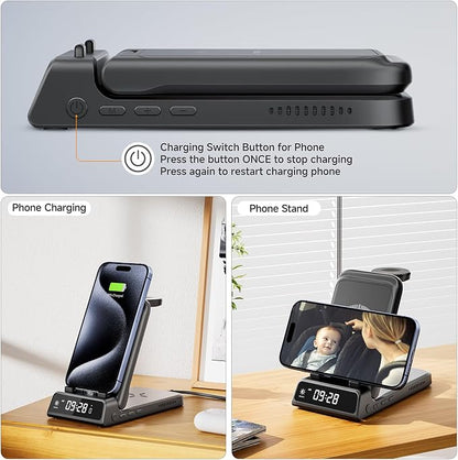 Charging Station for iPhone 17/Air, SwanScout 703A, Wireless Charger for iPhone 16/15/14/13/12/11 Series, for Apple Watch 11/10/Ultra 3/9/8/7/6/5/SE 2, for Airpods Pro 3/2, Foldable and Portable