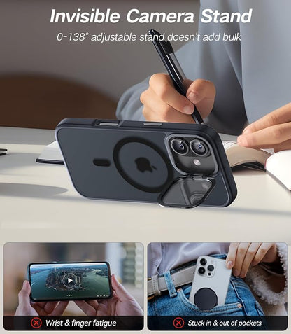 [Upgraded Full Camera Protection] for iPhone 17 Case with Camera Cover Stand [Fit for MagSafe][10FT Mil-Grade Protection] Translucent Magnetic iPhone 17 Phone Case, Black