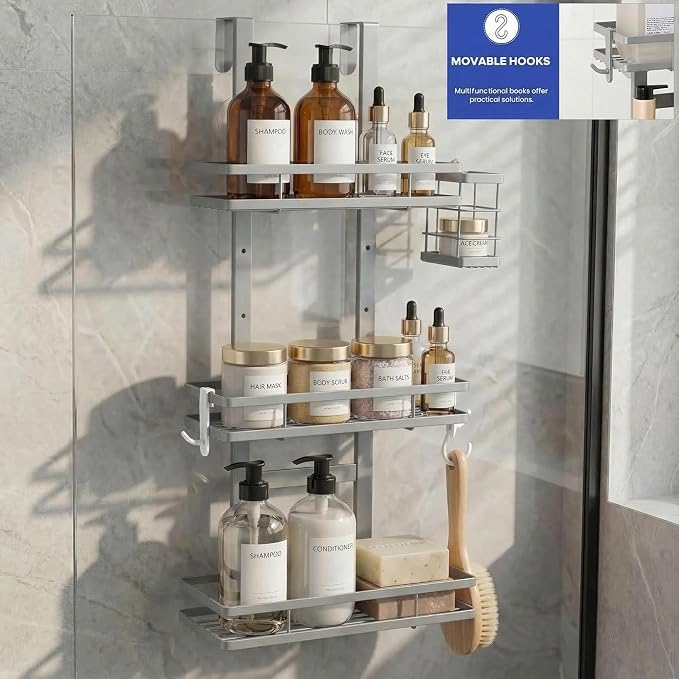 Over the Door Shower Caddy Hanging, Rustproof Shower Shelves with Waterproof Phone Pouch, Adjustable Bathroom Organizers and Storage, No Drilling Shampoo Soap Shelf (Silver 3-Tier)