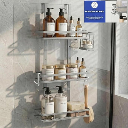 Over the Door Shower Caddy Hanging, Rustproof Shower Shelves with Waterproof Phone Pouch, Adjustable Bathroom Organizers and Storage, No Drilling Shampoo Soap Shelf (Silver 3-Tier)