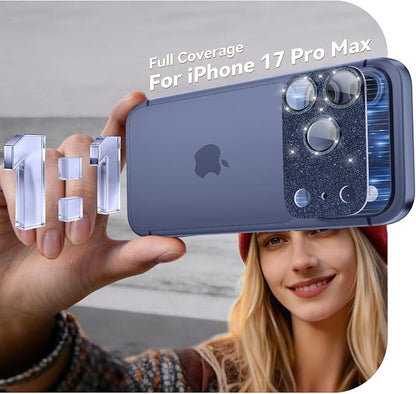 imluckies Compatible with iPhone 17 Pro Max Camera Lens Protector Bling, Ultra HD Tempered Glass Shiny Diamond Camera Plate Sparkle Screen Protection, 9H Anti-Scratch & Easy Install, Glitter Blue