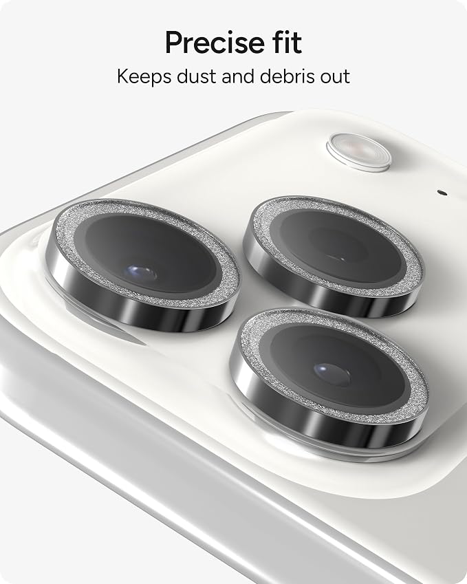 ZAGG iPhone Camera Lens Protector for iPhone 17/16/15 Pro and Pro Max Models - Silver Glitter, Camera Ring, Maximum Impact & Scratch Protection, Anti-Reflective Technology, Glass Elite