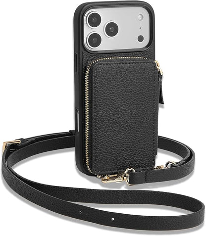 ZVE for iPhone 17 Pro Wallet Case with Card Holder, Zipper Crossbody Case with Wrist Strap for Women 6.3" Black