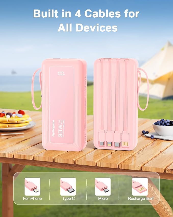Portable Charger 27000mAh 30W Fast Charging Power Bank | Built-in Cables, LED Display, 6 Outputs & 2 Inputs, USB C Battery Pack, Compatible with iPhone, Samsung, Google