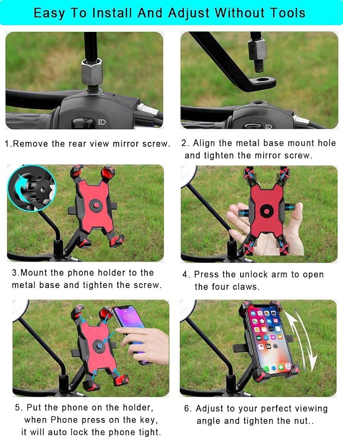 Motorcycle Phone Holder, 1s Lock and Release Phone Mount for Motorcycle Scooter Moped Rear View Mirror Phone Mount for 4.5-6.8 inch Cell Phone, Motorbike Rearview Mirror Phone Holder