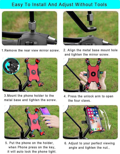 Motorcycle Phone Holder, 1s Lock and Release Phone Mount for Motorcycle Scooter Moped Rear View Mirror Phone Mount for 4.5-6.8 inch Cell Phone, Motorbike Rearview Mirror Phone Holder