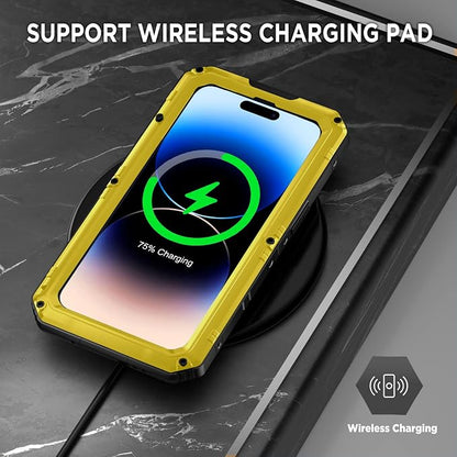 Beasyjoy Waterproof Case for iPhone 14 Pro, Metal Full Body Sealed Phone Case with Built-in Screen Protector, Military Grade Heavy Duty Defender Armor Shockproof Rugged Case 6.1 Inch, Yellow
