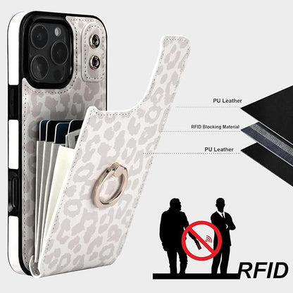 HAOPINSH for iPhone 16 Pro Max Wallet Case with Card Holder, 360°Rotation Ring Kickstand, White Leopard Pattern, RFID Blocking Leather for Girls Women, Double Buttons Protective Cover 6.9"