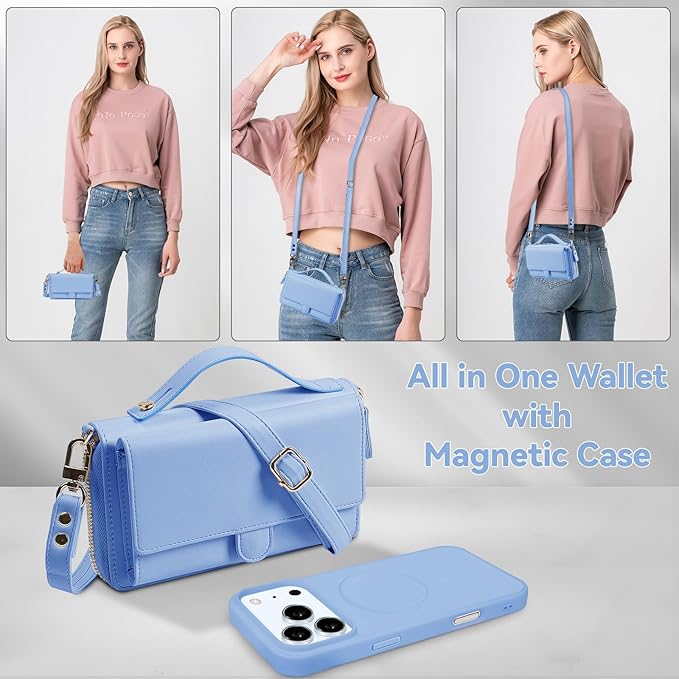 Lacass for iPhone 17 Pro Detachable Crossbody Wallet Case, Compatible with MagSafe Magnetic 2 in 1 RFID Blocking PU Leather Wallet Cover Card Holder Zipper Make Up Mirror (Blue)