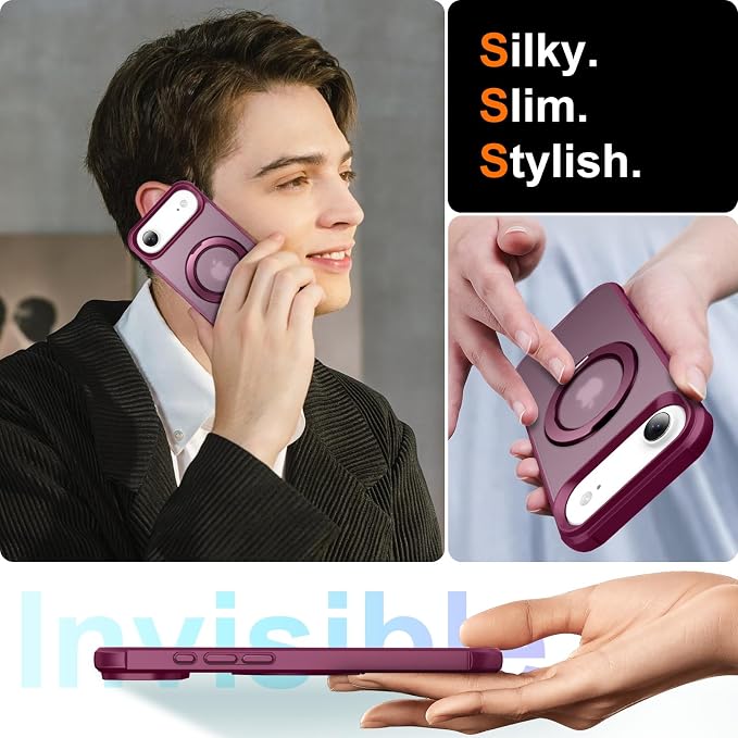 360° Magnetic Swivel Ring for iPhone 17 air case, Built-in Metal Stand and Ring Holder, Magsafe Compatible, Military Grade Protection, Shock and Vibration Resistant - Wine Red