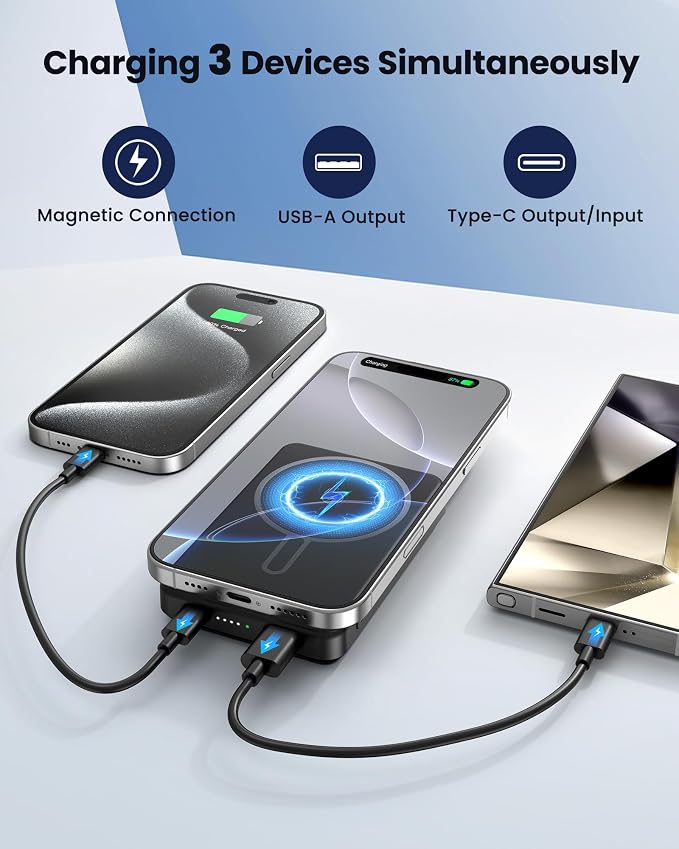 for Magsafe Portable Charger Battery Pack - 12000mAh Magnetic Power Bank PD 22.5W USB C & 15W Wireless Fast Charging Battery Pack Phone Charger for iPhone 17/16/15/14/13/12 All Series