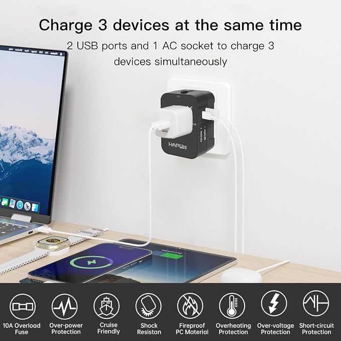 HAPOW Universal Travel Adapter - 1 USB-C & 1 USB-A Fast Charging Travel Charger, Worldwide Plug Adapter for EU UK USA AU, Black