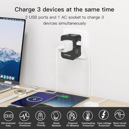HAPOW Universal Travel Adapter - 1 USB-C & 1 USB-A Fast Charging Travel Charger, Worldwide Plug Adapter for EU UK USA AU, Black