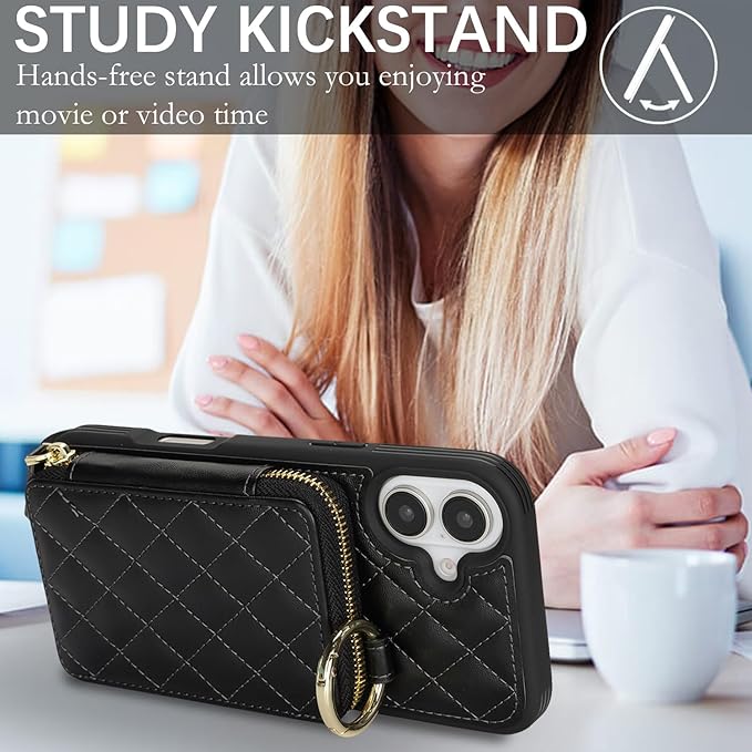 Crossbody Wallet Case for iPhone 17, PU Leather Zipper Handbag Purse Flip Cover, Kickstand Folio Case with Card Slots Holder Wrist Strap Lanyard 5G 6.3 Inch-Black