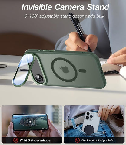 [Upgraded Full Camera Protection] for iPhone Air Case with Camera Cover Stand [Fit for MagSafe][10FT Mil-Grade Protection] Translucent Magnetic Phone Cover for iPhone 17 Air Case, Green