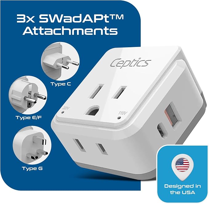 Ceptics 20W European Travel Plug Adapter, 2 USA Outlets, USB-C & USB-A | European Plug Adapter, Type C, E/F, G SWadAPt Attachments, PD & QC USB ports, European Adapter for Germany, France, Italy, UK