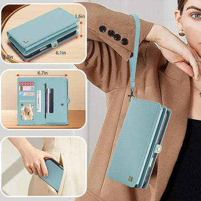 for Wallet Case Compatible with iPhone 13,Multi-Function Detachable 2 in 1 Magnetic iPhone 13 Case Wallet,Flip Strap Zipper Card Holder Phone Case with Shoulder Straps (Blue)