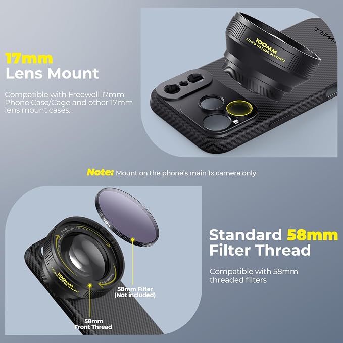 Freewell 100mm Long Macro Lens for iPhone & Samsung Magnification, 60mm Focus Distance – Capture Detailed Close-Ups of Nature & Small Objects