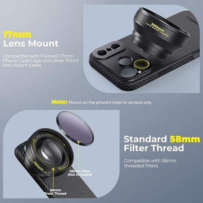 Freewell 100mm Long Macro Lens for iPhone & Samsung Magnification, 60mm Focus Distance – Capture Detailed Close-Ups of Nature & Small Objects