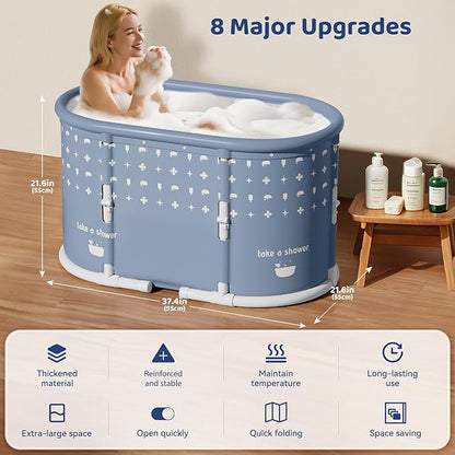 Portable Bathtub, Foldable Bathtub No Installation, Freestanding Shower Bathtubs with Cushion, Collapsible SPA Soaking Bath Tub, Hot & Ice Bath Tub for Indoor Outdoor (White Brown Stripes)