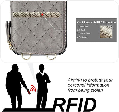 Bocasal Crossbody Wallet Case for iPhone 14, RFID Blocking PU Leather Zipper Handbag Purse Flip Cover, Kickstand Folio Case with Card Slots Holder Wrist Strap Lanyard 5G 6.1 Inch (Grey)