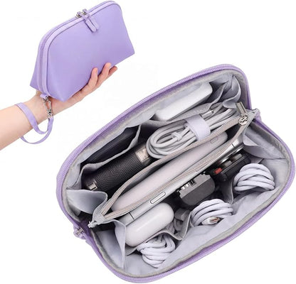 FYY Travel Cable Organizer - 8 Compartments, Lightweight, Water Repellent | With Wrist Strap, Portable Tech Pouch for Cord Charger, Travel and Business Trips Use, Soft Shell Nylon, Purple (Medium)
