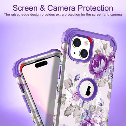 Hocase for iPhone 15 Plus Case, Heavy Duty Shockproof Protection Soft Silicone Rubber Bumper+Hard Plastic Hybrid Protective Case for iPhone 15 Plus 6.7" 2023 - Lavender Flowers