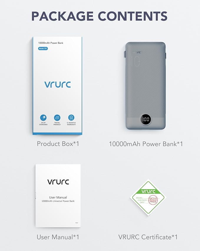 VRURC Portable Charger Built-in Cables and AC Wall Plug, USB C Power Bank 10000mAh, Travel Battery Portable Phone Charger Compact Lightweight External Battery Pack for Smart Phones, Tablets etc-Grey