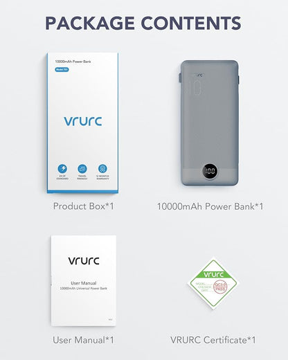 VRURC Portable Charger Built-in Cables and AC Wall Plug, USB C Power Bank 10000mAh, Travel Battery Portable Phone Charger Compact Lightweight External Battery Pack for Smart Phones, Tablets etc-Grey