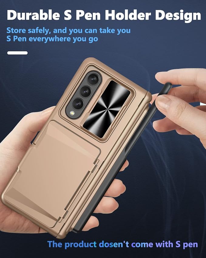 Viaotaily for Galaxy Z Fold 4 Case with Card Holder & S Pen Holder & Hinge Protection, Built-in Screen Protector & Slide Camera Lens Cover, Durable Case for Galaxy Z Fold 4 2022 (Rose Gold)