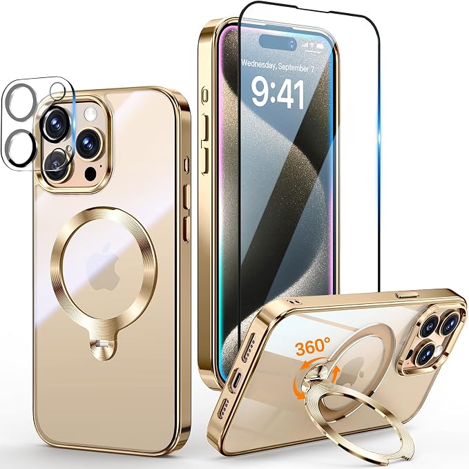 [Tri-Shield Protection] for iPhone 15 Pro Case with 360° Spin Stand Compatible with MagSafe [Magnetic CD Ring] [Screen & Camera Lens Protector] Shockproof Plating Never-Yellowing, Gold-6.1"