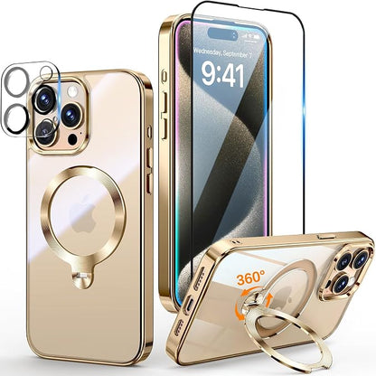 [Tri-Shield Protection] for iPhone 15 Pro Case with 360° Spin Stand Compatible with MagSafe [Magnetic CD Ring] [Screen & Camera Lens Protector] Shockproof Plating Never-Yellowing, Gold-6.1"