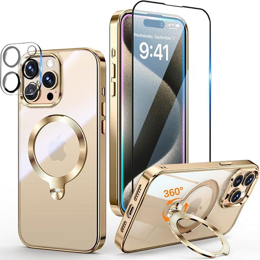[Tri-Shield Protection] for iPhone 15 Pro Max Case with 360° Spin Stand Compatible with MagSafe [Magnetic CD Ring] [Screen & Camera Lens Protector] Shockproof Plating Never-Yellowing, Gold-6.7"