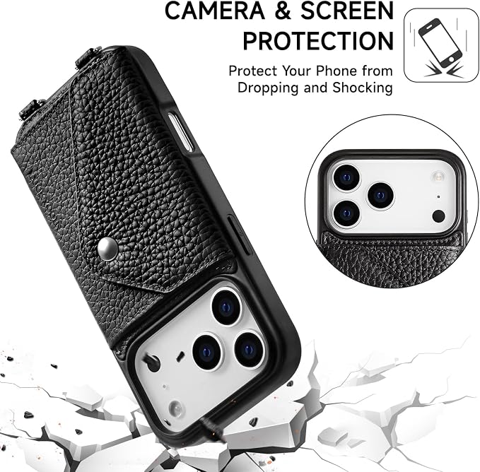 LUCKYCOIN for iPhone 17 Pro Crossbody Wallet Case – Genuine Leather Phone Purse with Adjustable Strap and Card Holder,Lanyard Phone Purse Case for Women,Pebble Grain Black