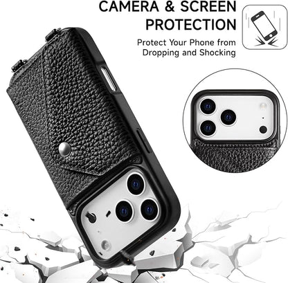 LUCKYCOIN for iPhone 17 Pro Crossbody Wallet Case – Genuine Leather Phone Purse with Adjustable Strap and Card Holder,Lanyard Phone Purse Case for Women,Pebble Grain Black