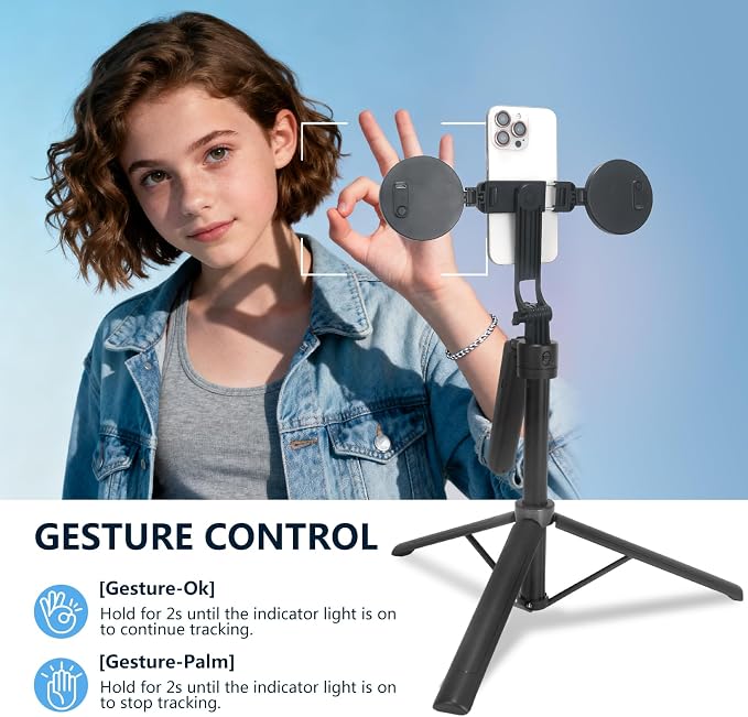 Auto Face Tracking Tripod for iPhone & Android, 360° Rotating Phone Tripod with 2 LED Fill Lights, Extendable 70″ Selfie Stick for Video Recording, Live Streaming, Ideal for Content Creators
