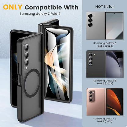 Caka Magnetic for Samsung Galaxy Z Fold 4 Case with Hinge Protection Black | Compatible with MagSafe, Built-in Outer Screen Protector, Hinge Guard, Translucent Matte Back, 360° Hybrid Drop Defense