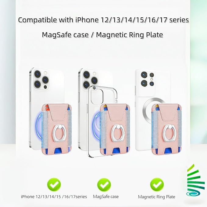 for Magsafe Wallet, Slim Magnetic Card Wallet with Grip, 7 Cards Holder RFID Blocking, Ring Stand Stick on Wallet with Privacy Flap(Pink)