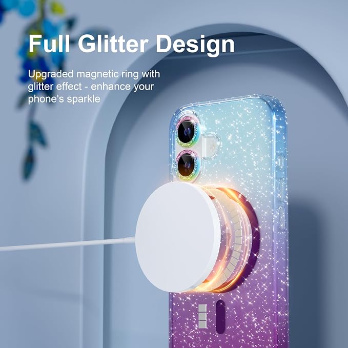 Choiche Magnetic for iPhone 17 Case Compatible with MagSafe, Women Cute Glitter Sparkly Phone Case with Diamond Camera Lens Protectors, Military-Grade Drop Protection 6.3" (Blue/Purple)
