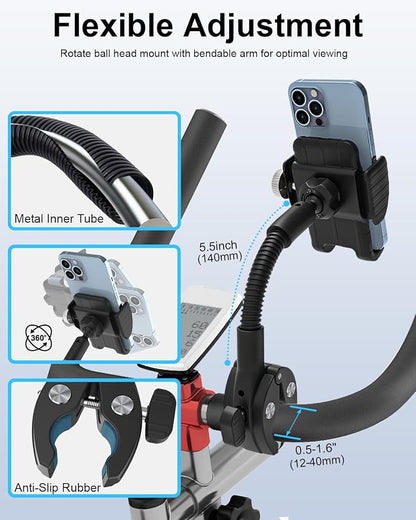 Gooseneck Spin Bike Phone Holder, Cell Phone Mount Exercise Bike Handlebar Clamp for Stationary Bicycle, Treadmill, Microphone Stand, for iPhone Air 17 Pro Max 16 15 14 13 12, S25, 4.7-7" Smartphones