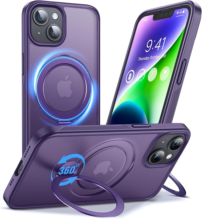 Anqrp 360° All-in-ONE Stand Case for iPhone 14/13 Case with Rotatable Magnetic Kickstand Ring Holder, Compatible with MagSafe, MIL-Grade Shockproof iPhone 14/13 Phone Case Cover 6.1" Purple
