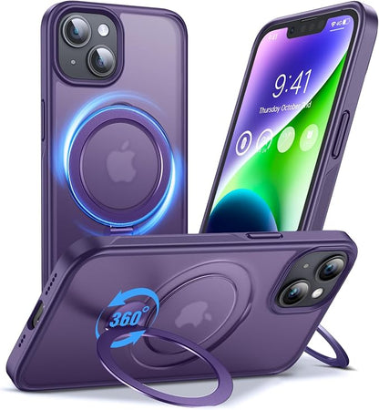 Anqrp 360° All-in-ONE Stand Case for iPhone 14/13 Case with Rotatable Magnetic Kickstand Ring Holder, Compatible with MagSafe, MIL-Grade Shockproof iPhone 14/13 Phone Case Cover 6.1" Purple