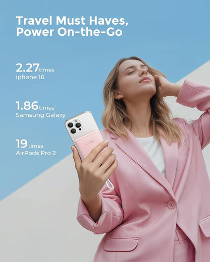 Portable Charger 10000mAh, Ultra Slim Power Bank Fast Charging with Attached USB C Cable, Travel Essential Phone Power Bank Battery Pack for iPhone 17/16/15/14 Samsung S25 Google etc, Pink