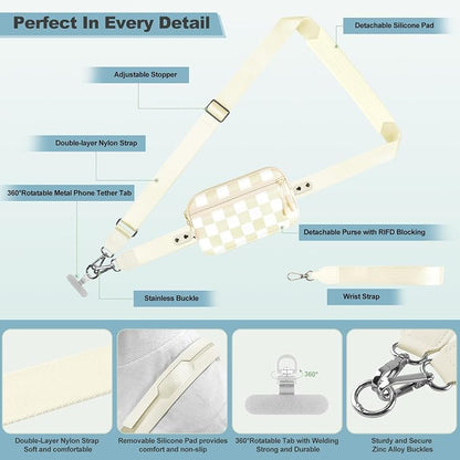 YFWE Clip and Go Strap for Phone with Wallet Crossbody, Adjustable Phone Lanyard with Detachable RFID Wristlet Wallet, Phone Strap with Phone Tabs for All Phones, Cream Checkered (L)