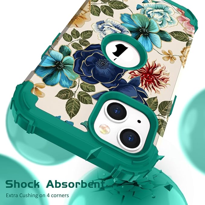 Hocase for iPhone 15 Plus Case, Heavy Duty Shockproof Protection Soft Silicone Rubber Bumper+Hard Plastic Hybrid Protective Case for iPhone 15 Plus 6.7" 2023 - Teal Flowers