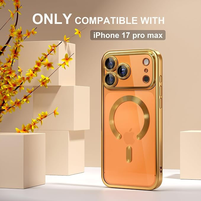 Misea Magnetic for iPhone 17 Pro Max Case Compatible with MagSafe [Never Yellowing] [Military Grade Drop Protection] Full Camera Lens Protector Plating Soft Clear Phone Case for Women, Gold
